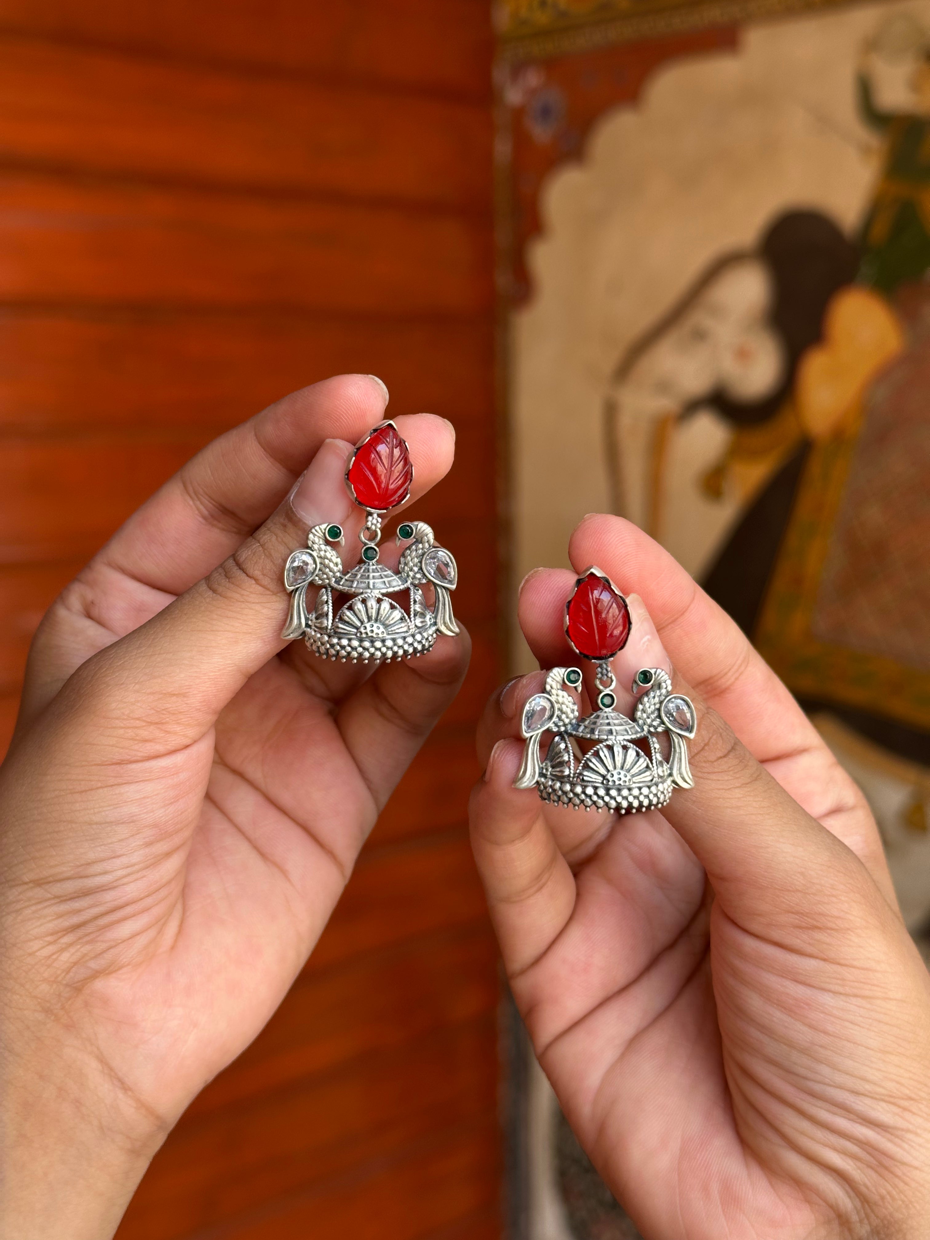Bird Motif Silver Earrings with Leaf Stone